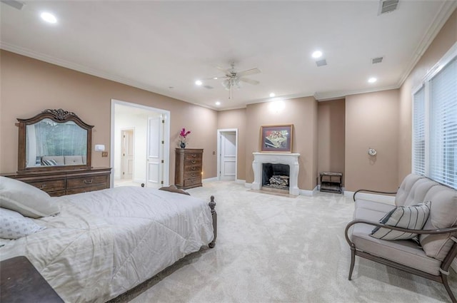3109 W 118th St, Leawood, KS 66211 - bedroom with recessed lighting, crown molding, light carpet, and a fireplace with flush hearth