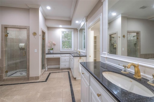 3109 W 118th St, Leawood, KS 66211 - full bath with a shower stall, vanity, recessed lighting, ornamental molding, and tile patterned flooring