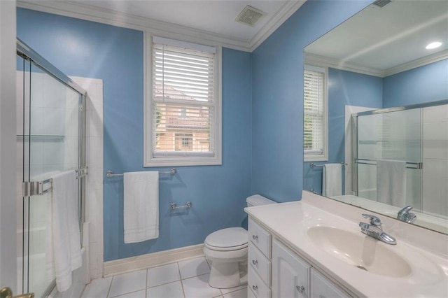 3109 W 118th St, Leawood, KS 66211 - full bath featuring tile patterned floors, a shower with door, vanity, and ornamental molding