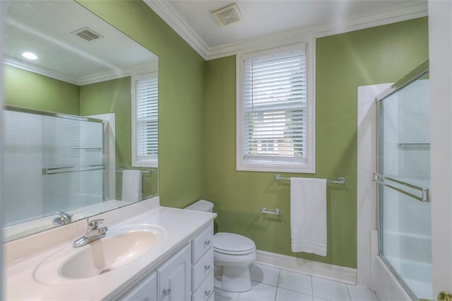 3109 W 118th St, Leawood, KS 66211 - bathroom featuring vanity, tile patterned flooring, crown molding, and bath / shower combo with glass door