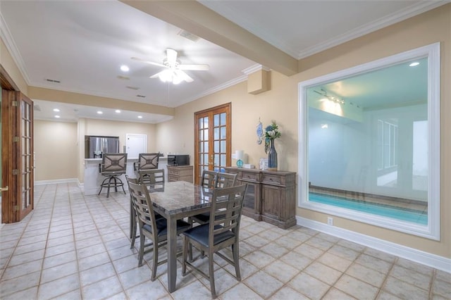 3109 W 118th St, Leawood, KS 66211 - dining room with french doors, ornamental molding, a ceiling fan, and recessed lighting