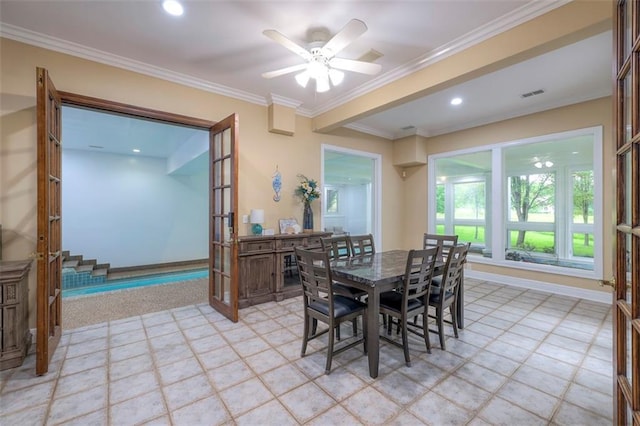 3109 W 118th St, Leawood, KS 66211 - dining space featuring ceiling fan, ornamental molding, and recessed lighting
