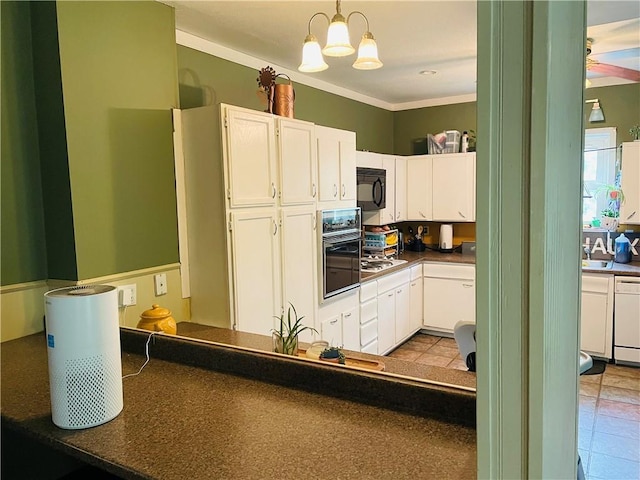 2302 3rd Ave, Leavenworth, KS 66048 - kitchen with black appliances, dark countertops, white cabinetry, decorative light fixtures, and ornamental molding