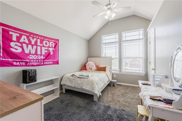 2808 E Cedar Pl, Tonganoxie, KS 66086 - bedroom with lofted ceiling, carpet, baseboards, and a ceiling fan