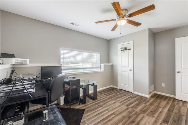 2808 E Cedar Pl, Tonganoxie, KS 66086 - office featuring wood finished floors, ceiling fan, and baseboards
