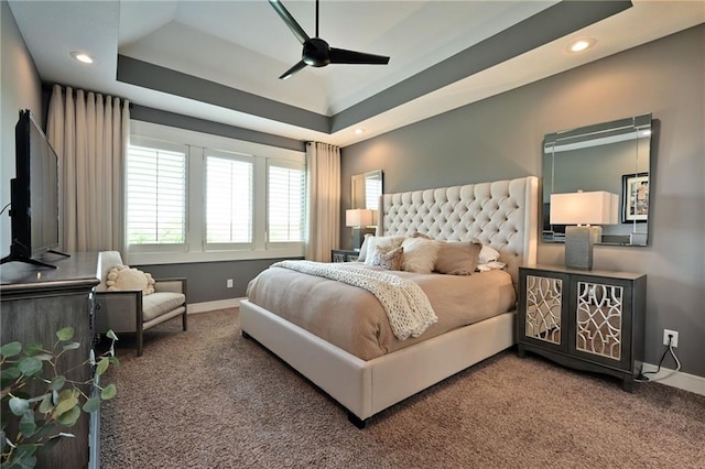16812 Gillette St, Overland Park, KS 66221 - carpeted bedroom featuring baseboards, recessed lighting, a tray ceiling, and a ceiling fan