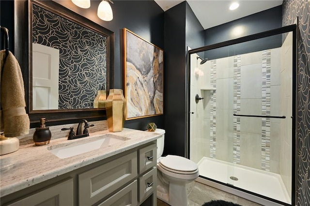 16812 Gillette St, Overland Park, KS 66221 - bathroom with a stall shower, toilet, and vanity