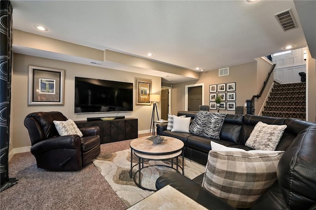 16812 Gillette St, Overland Park, KS 66221 - carpeted living room with baseboards, stairway, and recessed lighting