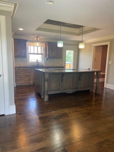 21162 147th St, Basehor, KS 66007 - kitchen featuring a tray ceiling, ornamental molding, a kitchen island, healthy amount of natural light, and recessed lighting