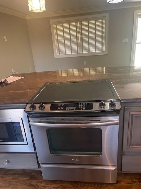 21162 147th St, Basehor, KS 66007 - kitchen view of stainless steel appliances, ornamental molding, dark wood-style floors, and dark countertops
