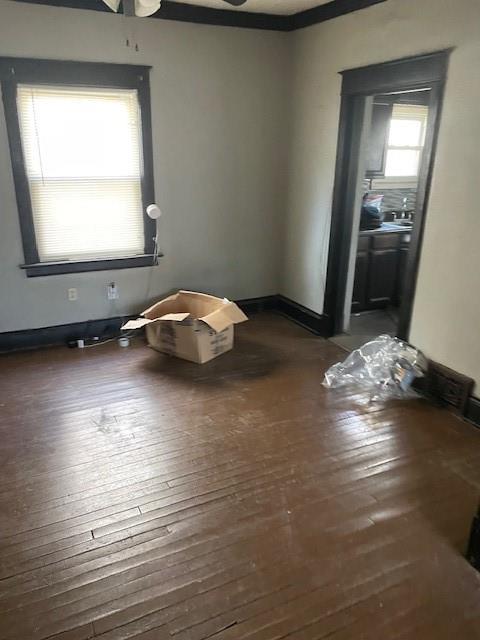 spare room with wood-type flooring and ceiling fan