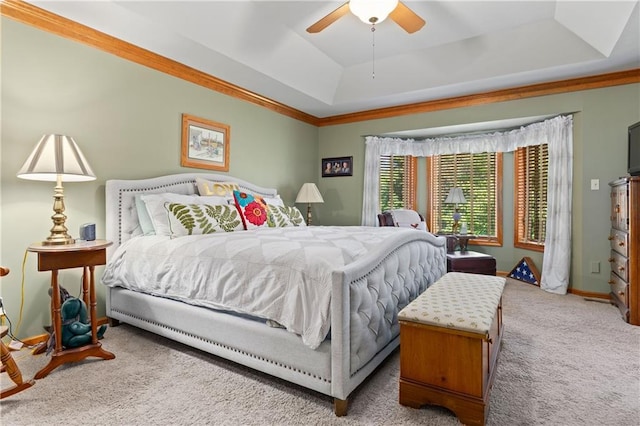 3644 W 127th Ter, Leawood, KS 66209 - carpeted bedroom with a tray ceiling, a ceiling fan, baseboards, and ornamental molding