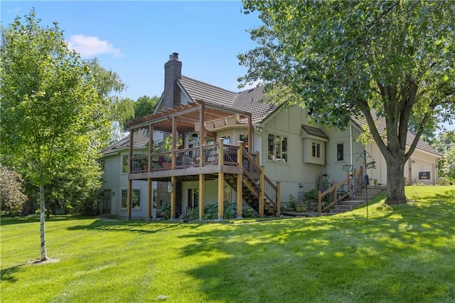 3644 W 127th Ter, Leawood, KS 66209 - back of house featuring stairs, a pergola, a deck, a lawn, and a chimney