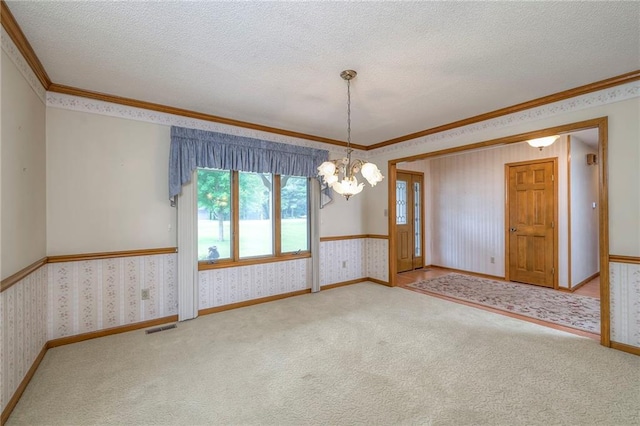 25908 Colbern Rd, Lees Summit, MO 64086 - unfurnished room featuring wallpapered walls, ornamental molding, a chandelier, carpet flooring, and a textured ceiling