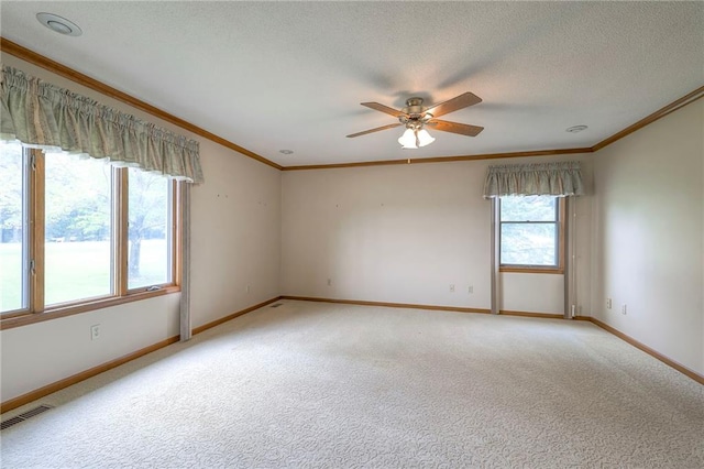 25908 Colbern Rd, Lees Summit, MO 64086 - unfurnished room with crown molding, light colored carpet, baseboards, a ceiling fan, and a textured ceiling