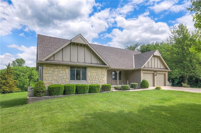 25908 Colbern Rd, Lees Summit, MO 64086 - view of front of house with stone siding, board and batten siding, a garage, a front lawn, and driveway
