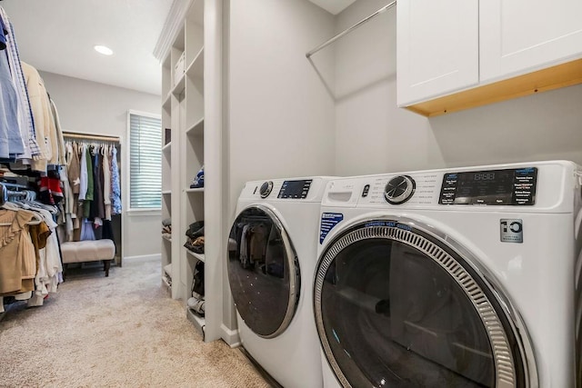 8911 W 104th St, Overland Park, KS 66212 - washroom with cabinet space, light carpet, independent washer and dryer, baseboards, and recessed lighting