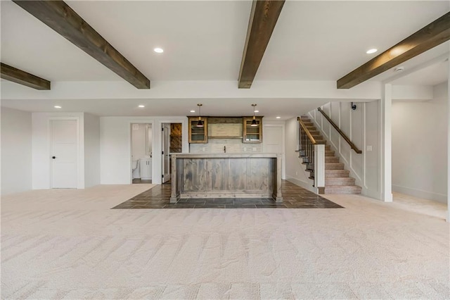 17556 Acton St, Overland Park, KS 66085 - unfurnished living room with a dry bar, recessed lighting, stairway, beam ceiling, and carpet