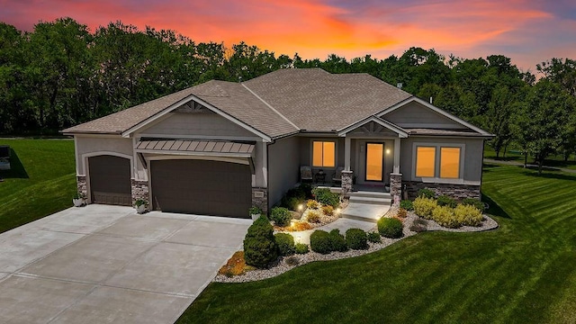 9305 SW Sushi Cir, Lees Summit, MO 64064 - craftsman inspired home with stone siding, a garage, a yard, and concrete driveway