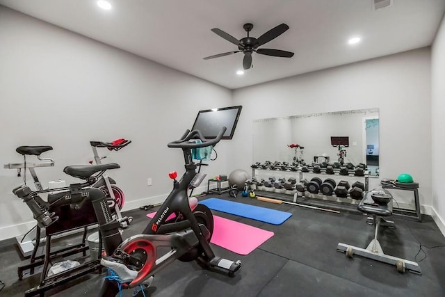 9305 SW Sushi Cir, Lees Summit, MO 64064 - exercise room featuring ceiling fan, baseboards, and recessed lighting