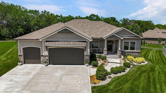 9305 SW Sushi Cir, Lees Summit, MO 64064 - craftsman-style house with stone siding, an attached garage, and a front yard
