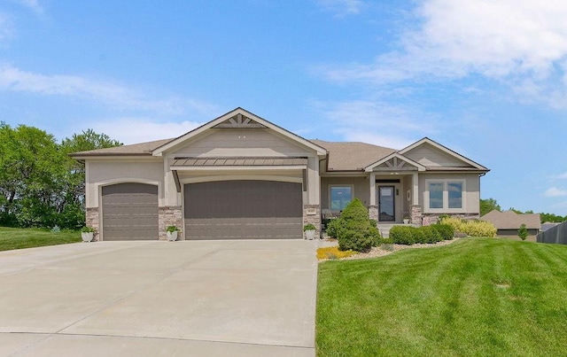 9305 SW Sushi Cir, Lees Summit, MO 64064 - craftsman house featuring a front lawn, stone siding, a garage, and driveway