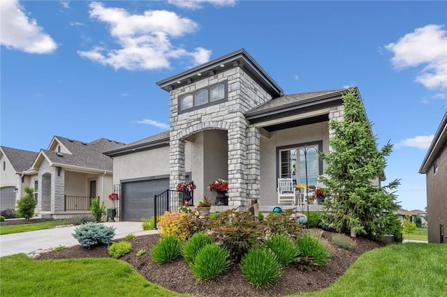 15278 W 173rd St, Olathe, KS 66062 - view of front facade featuring stucco siding, an attached garage, driveway, a porch, and stone siding