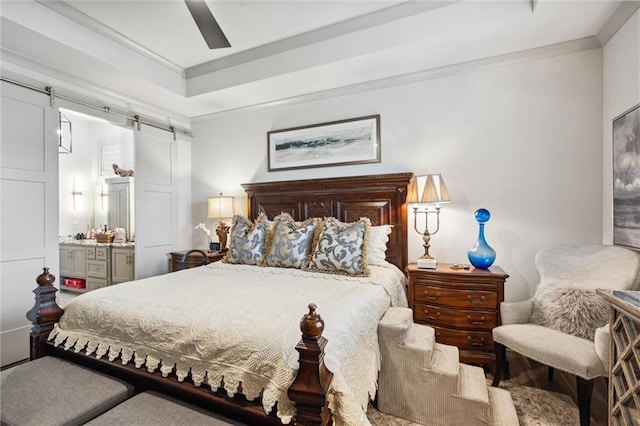 15278 W 173rd St, Olathe, KS 66062 - bedroom featuring a barn door, ornamental molding, ensuite bathroom, and a ceiling fan