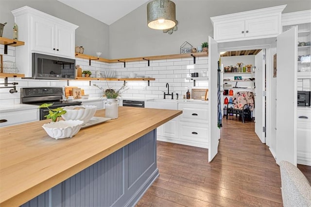 9425 NE 188th St, Trimble, MO 64492 - kitchen with open shelves, wooden counters, electric range oven, backsplash, and white cabinetry