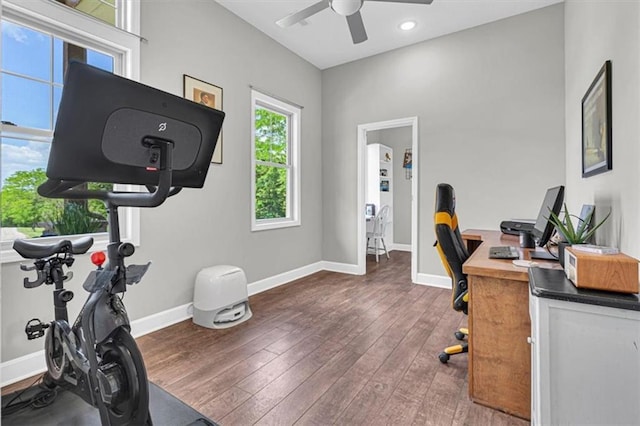 9425 NE 188th St, Trimble, MO 64492 - home office with a ceiling fan, wood-type flooring, and recessed lighting