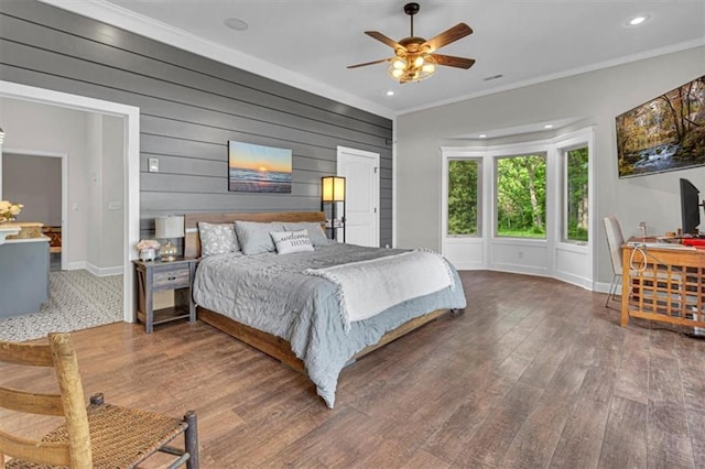 9425 NE 188th St, Trimble, MO 64492 - bedroom with wood finished floors, recessed lighting, crown molding, wooden walls, and a ceiling fan