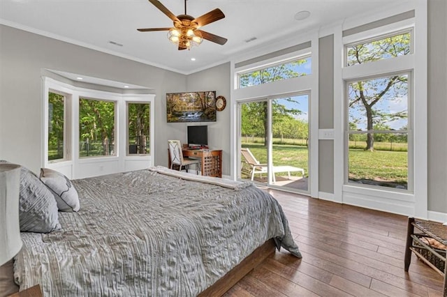 9425 NE 188th St, Trimble, MO 64492 - bedroom with access to outside, hardwood / wood-style floors, crown molding, a ceiling fan, and recessed lighting