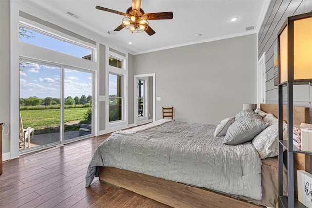 9425 NE 188th St, Trimble, MO 64492 - bedroom with access to exterior, ornamental molding, wood-type flooring, recessed lighting, and a ceiling fan