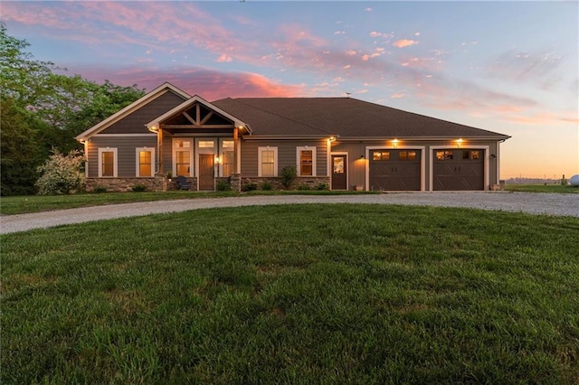 9425 NE 188th St, Trimble, MO 64492 - view of front facade featuring curved driveway, an attached garage, a front yard, and stone siding