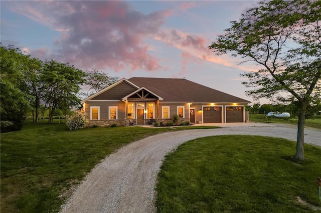 9425 NE 188th St, Trimble, MO 64492 - craftsman-style house featuring a garage, a front lawn, gravel driveway, and stone siding