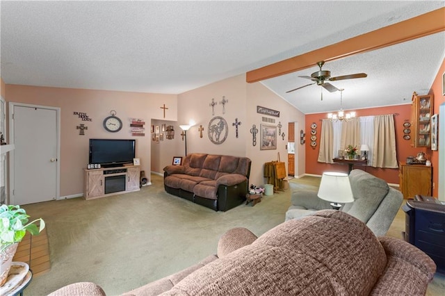 800 Tyler Ave, Warrensburg, MO 64093 - living room featuring carpet floors, a chandelier, a ceiling fan, baseboards, and a textured ceiling