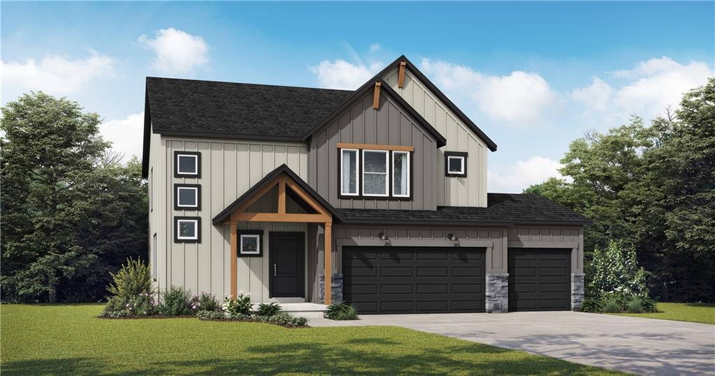 411 Woodview Dr, Raymore, MO 64083 - modern farmhouse style home with board and batten siding, a front yard, concrete driveway, and roof with shingles