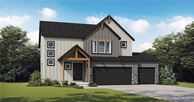 411 Woodview Dr, Raymore, MO 64083 - modern farmhouse style home with board and batten siding, a front yard, concrete driveway, and roof with shingles