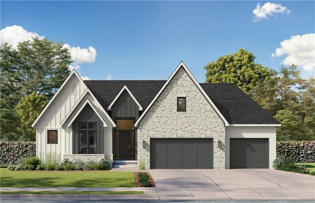 18021 Cody St, Overland Park, KS 66013 - view of front of property with board and batten siding, driveway, roof with shingles, and a front yard