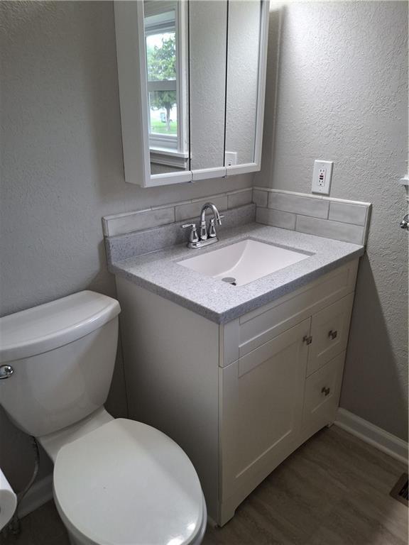 715 E Blackhawk St, Ottawa, KS 66067 - bathroom featuring toilet, wood finished floors, vanity, and a textured wall