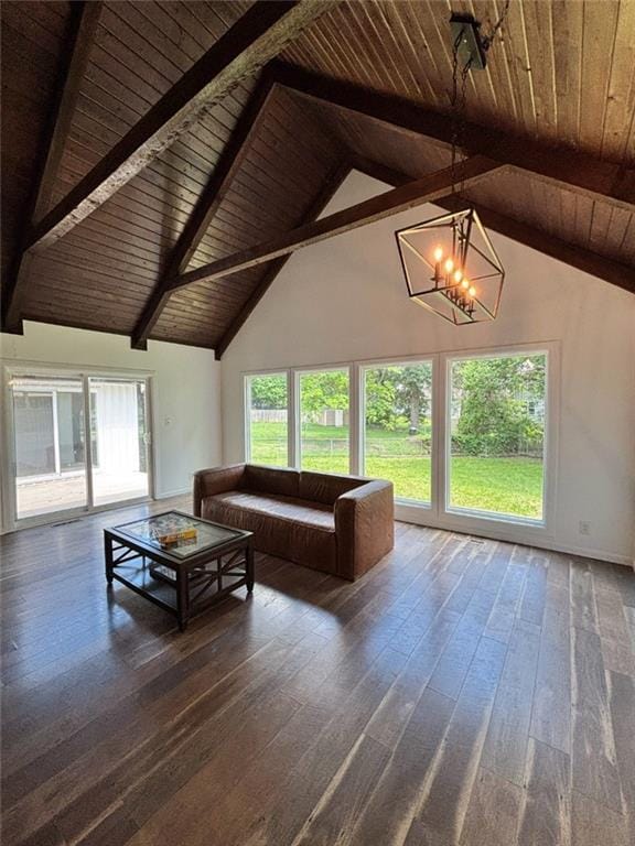 1702 Countryside Dr, Pittsburg, KS 66762 - living area with wooden ceiling with exposed beams, hardwood / wood-style flooring, a chandelier, and high vaulted ceiling