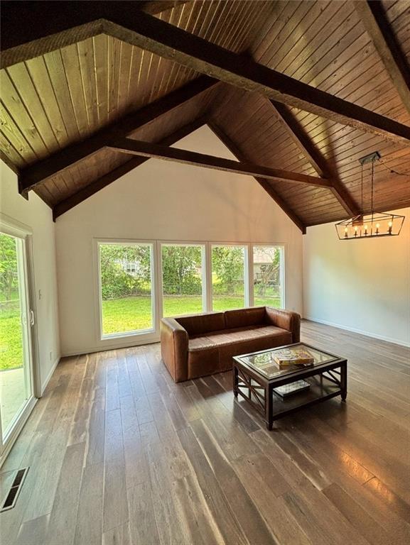 1702 Countryside Dr, Pittsburg, KS 66762 - living room featuring hardwood / wood-style flooring, wood ceiling with exposed beams, high vaulted ceiling, and baseboards
