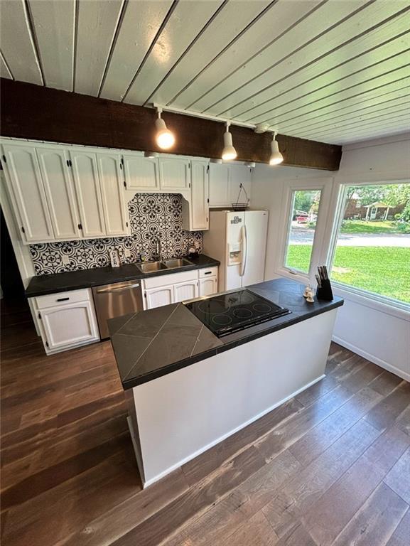 1702 Countryside Dr, Pittsburg, KS 66762 - kitchen with stainless steel dishwasher, a sink, white fridge with ice dispenser, white cabinetry, and dark wood-style floors
