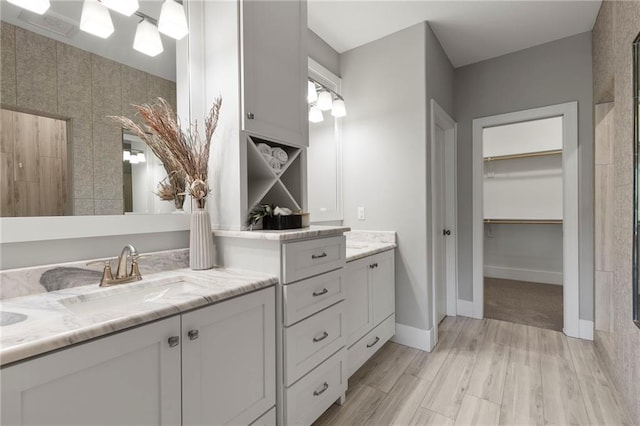 20611 W 113th St, Olathe, KS 66061 - bathroom featuring double vanity, a walk in closet, and wood finished floors