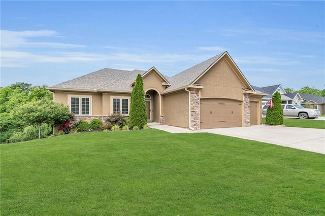 2409 SE Ridge Line Dr, Blue Springs, MO 64014 - ranch-style house with a garage, stucco siding, driveway, stone siding, and a front yard