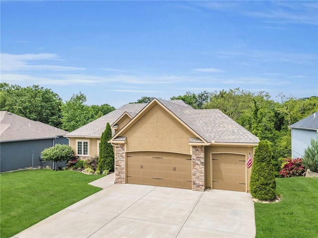 2409 SE Ridge Line Dr, Blue Springs, MO 64014 - view of front of home featuring stucco siding, a front lawn, stone siding, and an attached garage