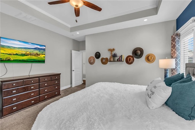 2409 SE Ridge Line Dr, Blue Springs, MO 64014 - bedroom with carpet floors, a tray ceiling, ornamental molding, recessed lighting, and ceiling fan