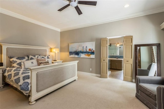 5516 Chadwick Rd, Fairway, KS 66205 - bedroom with ornamental molding, light colored carpet, baseboards, connected bathroom, and ceiling fan
