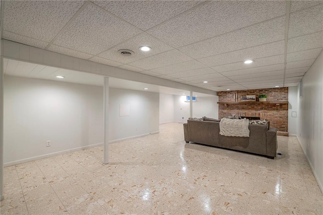 6109 W 54th Ter, Mission, KS 66202 - living area featuring a drop ceiling, baseboards, recessed lighting, and a fireplace