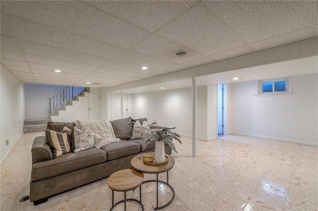 6109 W 54th Ter, Mission, KS 66202 - living area featuring a paneled ceiling, stairs, baseboards, and recessed lighting
